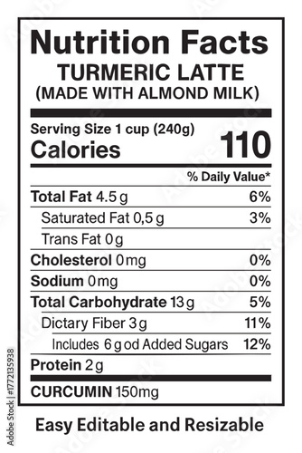Nutrition facts label for turmeric latte drink vector illustration on transparent background