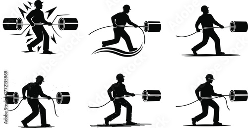 Electrician pulling power cable, construction worker handling wire spool, industrial technician working with heavy electrical cable, professional silhouette labor concept illustration