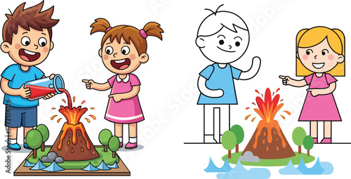 Happy kids making volcano science experiment, children learning chemistry project, educational activity for school, creative classroom learning fun illustration