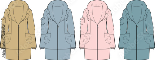 Fashion concept Women's long hooded winter parka jacket, utility pockets, illustrated in beige, light blue, pink, and teal for apparel design