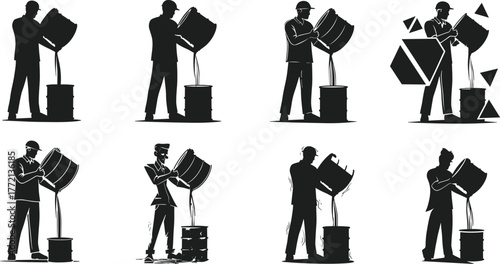 Industrial worker silhouette pouring liquid from barrel into drum, construction industry concept, factory labor, manufacturing process, vector illustration, black white art