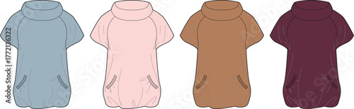 Stylish fashion design featuring a hooded poncho with a comfortable pocket, diverse color options