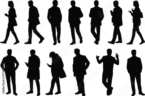 Silhouette group of business people standing and walking, male and female figures, professional poses, teamwork concept, vector illustration
