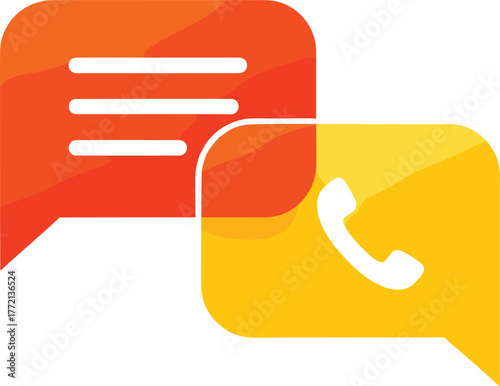 Speech bubble icons, phone and message symbols, glossy design, modern communication, vector illustration, orange and yellow bubbles, contact concept