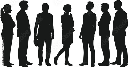 Silhouette of business people standing together, teamwork concept, corporate discussion, professional meeting illustration, group communication, leadership, office collaboration, vector art