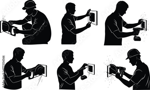 Silhouette of construction workers using tools, drilling, welding, installing electrical devices, industrial repair concept, handyman at work, maintenance illustration, vector art