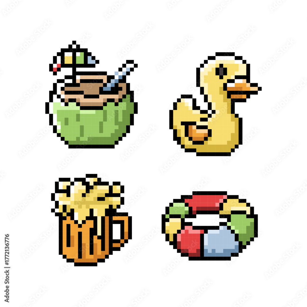 Fototapeta premium Pixel Art Summer Icons Set – Coconut Drink, Duck Float, Beer, Lifebuoy