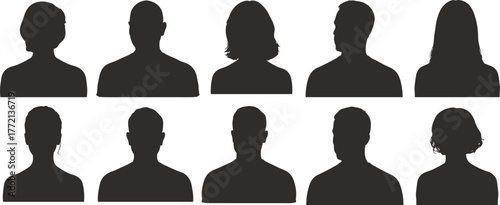 Silhouette set of diverse people head profiles, male and female portraits, avatar collection, anonymous faces, human identity concept, vector illustration