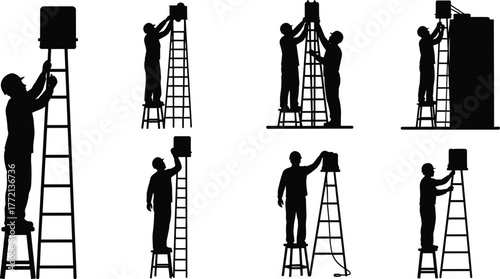 Silhouette workers on ladders installing equipment, maintenance job, construction labor, safety at height, industrial repair, professional teamwork, building service concept
