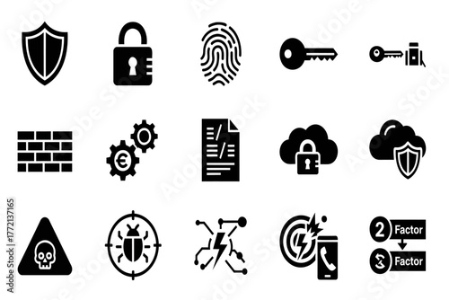 Professional security icons including shield, lock, fingerprint, key, firewall, and bug for digital protection concepts.