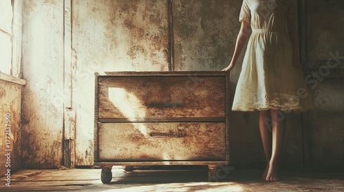 A barefoot woman in a vintage dress stands by an antique dresser, bathed in nostalgic sunlight