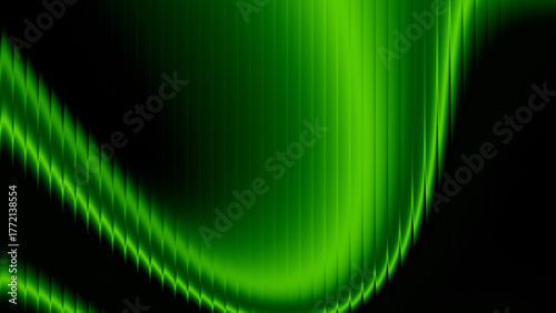 Abstract dark background with bright neon green curved waves, glowing fluid motion and vertical stripes design.