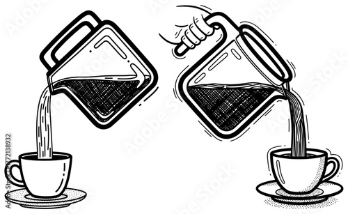Pouring coffee into a cup from a coffee pot, a hand holding a coffee pot pouring coffee
