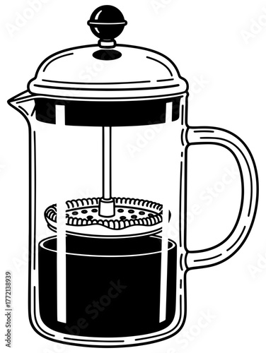 French press coffee maker with dark coffee, a glass pot with a plunger and filter