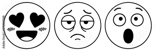 Three cartoon faces expressing different emotions love, bored, and surprised expressions