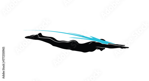 Dynamic black silhouette of a swimmer in a streamline position, enhanced by a blue streak representing speed and movement through water.