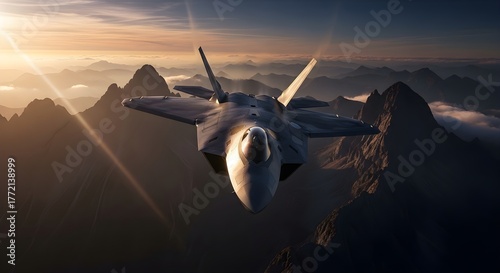 F-22 Raptor Fighter Jet Soaring Above Majestic Mountains at Sunset with Sun Rays, Majestic and Powerful