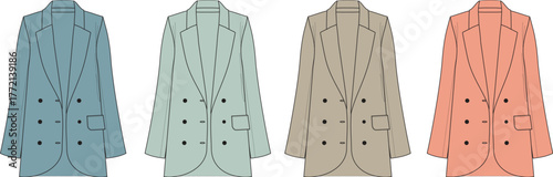 A set of women's double-breasted blazer jacket technical fashion flat vector illustrations in a pastel color palette