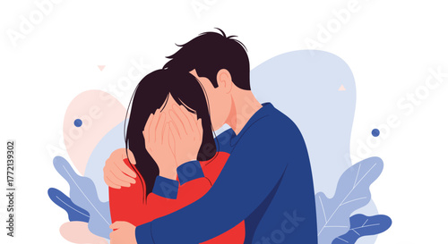 Man comforting a crying woman with an embrace, showing support and empathy during a difficult emotional moment.