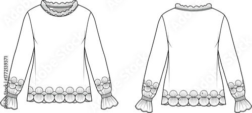 Blouse technical sketch, front and back view, ruffle cuff, floral hem, round neck, lace detail, cad drawing flat vector illustration