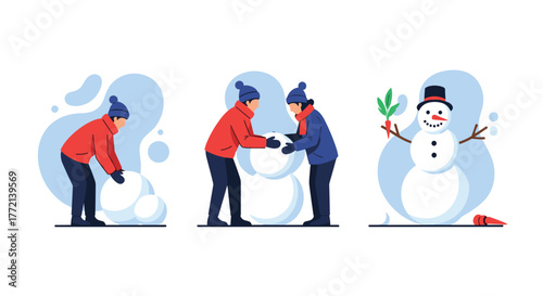 Step-by-step illustration of people building a cheerful snowman in winter, from rolling snowballs to adding festive decorations.
