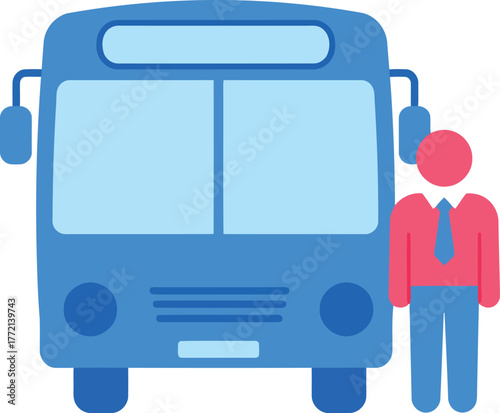Modern blue city bus and passenger waiting transportation icon vector