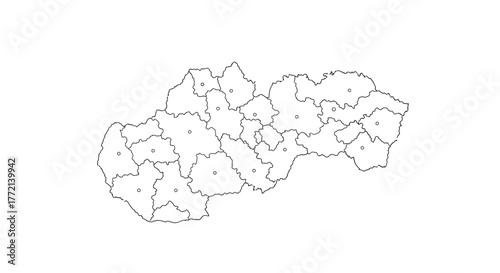 Outline map of Slovakia, illustrating its administrative districts, isolated on a white background, useful for geographic and political studies.