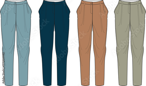 Collection of trendy women's pants in various colors for fashion design and apparel