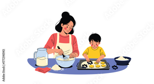 A loving mother and her child enjoy a fun baking activity together, making star-shaped cookies with flour and other ingredients.