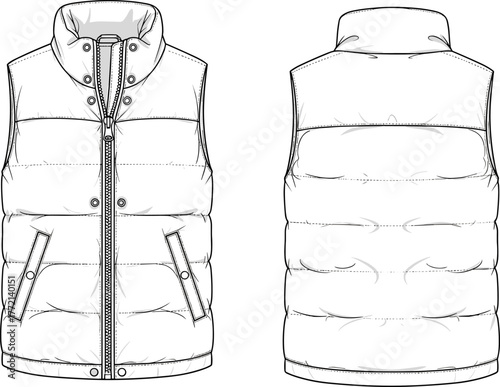 CAD drawing flat vector illustration of padded sleeveless vest front and back view, fashion technical sketch, winter apparel design template