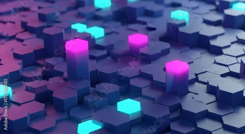 Abstract Geometric Hexagonal Landscape with Neon Glow