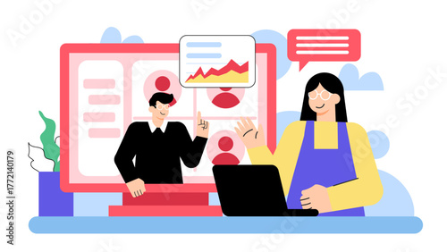 Business Video Conference and Online Collaboration Flat Vector Illustration