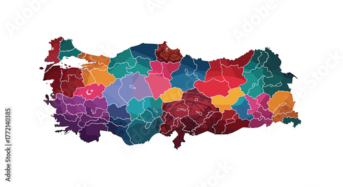 Colorful geometric map of Turkey with abstract provincial divisions, featuring national symbols and diverse regional textures.