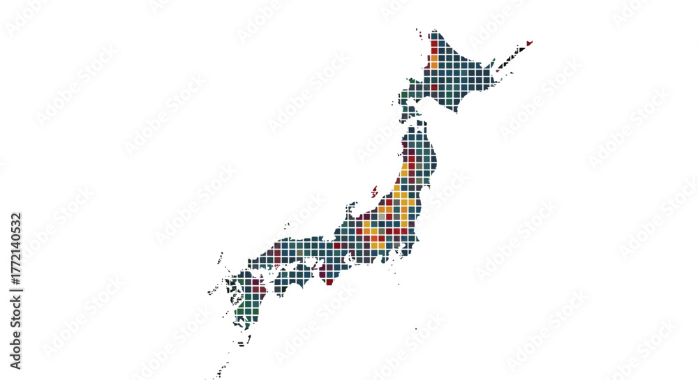 Fototapeta premium A colorful pixelated mosaic map of Japan, representing various data points or regional information against a clean white background.
