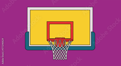 A vibrant illustration of a basketball hoop, backboard, and net against a solid purple background, depicting sports equipment.