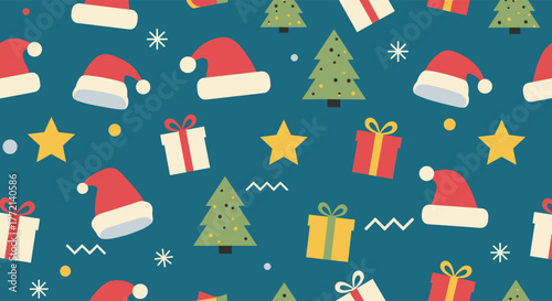 Seamless Christmas pattern featuring Santa hats, festive trees, gift boxes, and snowflakes on a teal background, perfect for holiday designs.