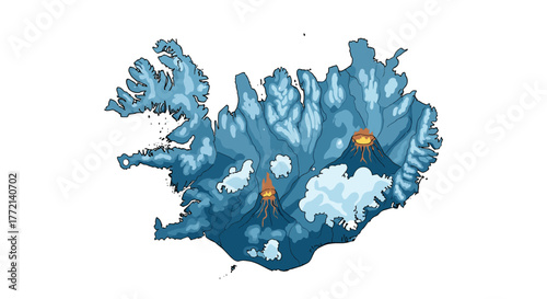 Artistic stylized map of Iceland showing its icy landscape, prominent glaciers, and two active erupting volcanoes.