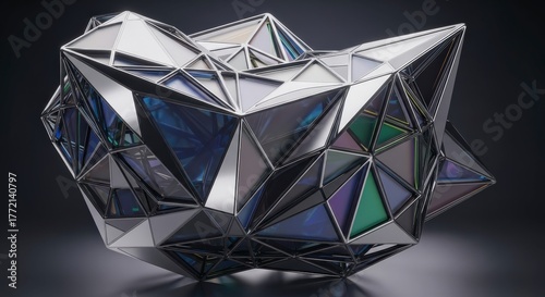 Abstract Geometric Sculpture with Iridescent Facets Reflecting Light
