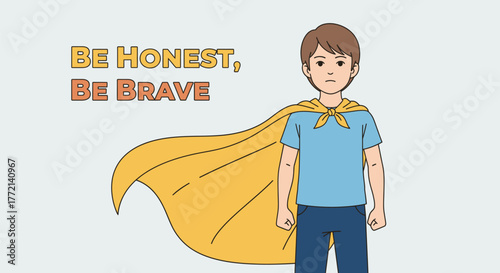 young boy with a superhero cape stands as a powerful symbol of bravery and honesty, an inspiring illustration for children's concepts