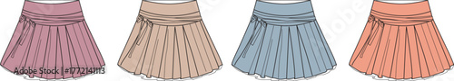 A vector collection of women's A-line pleated skirts with a high smocked waistband, presented in a set of four different pastel colorways for fashion design
