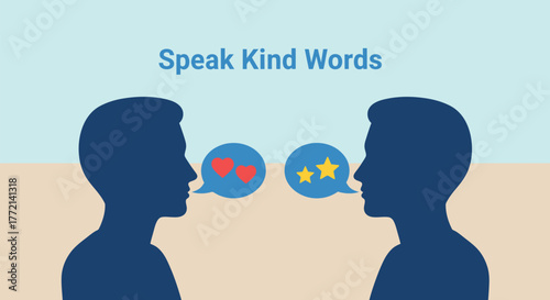 Wallpaper Mural conceptual showing two people engaged in a positive dialogue, speaking kind words represented by heart and star icons Torontodigital.ca