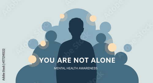 Symbol for mental health awareness and togetherness Conceptual vector illustration of a person's silhouette backed by a supportive community,