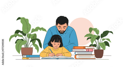 A father gently supervises his young daughter as she diligently works on her homework, surrounded by books and plants in a cozy study setting.