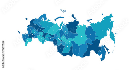 Detailed political map of Russia with administrative divisions, highlighting various regions in shades of blue and marked with white dots.