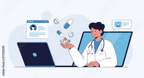 A doctor offers medications from a laptop screen, illustrating virtual medical consultations, online prescriptions, and accessible digital healthcare.