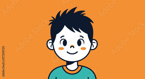 A cheerful cartoon boy with spiky dark hair, rosy cheeks, and a bright smile is depicted against a vibrant orange background.