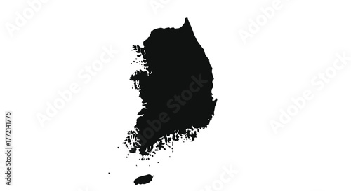 Detailed black silhouette map of South Korea with jagged coastlines and surrounding islands, isolated on a clean white background.