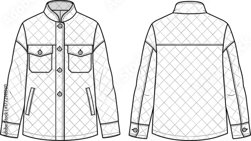 Quilted jacket, diamond pattern, high collar, button cuff, chest pocket, fashion sketch, cad drawing flat vector illustration, front back view