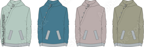Set of four casual hoodies in different pastel colors with a unique asymmetrical neckline and front pocket