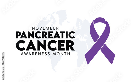 Pancreatic Cancer Awareness Month Poster with Purple Ribbon and World Map Background – November Health Campaign Design